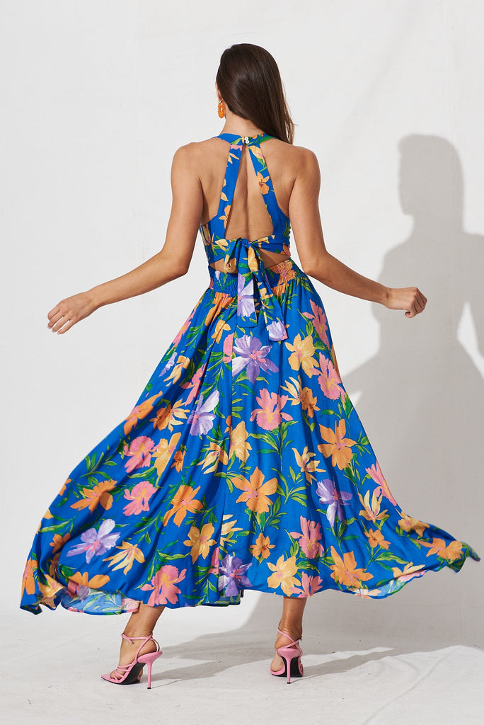 Arianne Maxi Dress In Blue With Orange Multi Floral - St Frock (Dev)