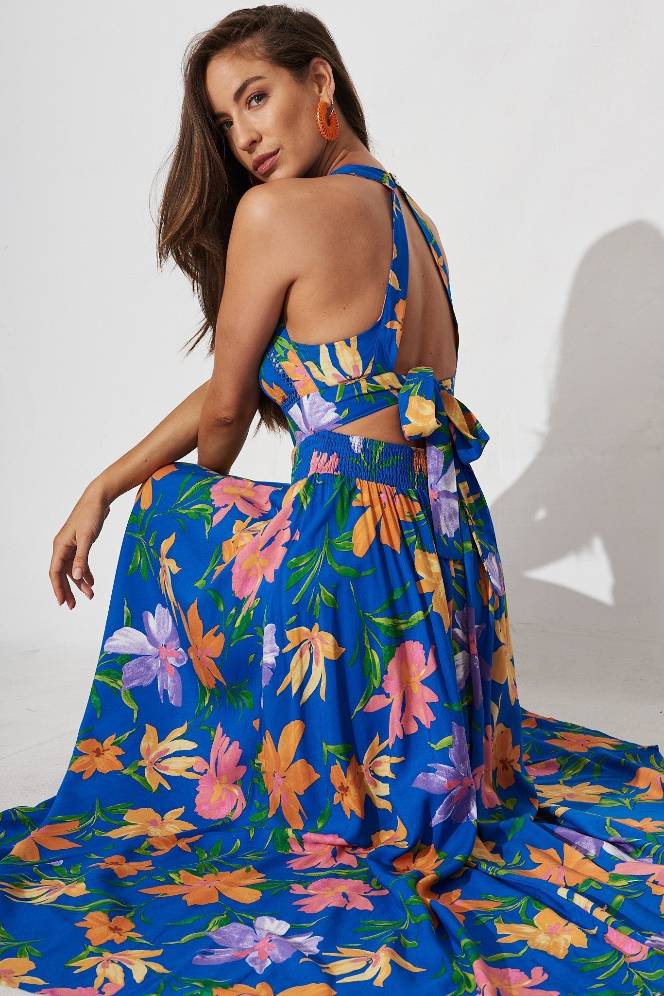 Arianne Maxi Dress In Blue With Orange Multi Floral - St Frock (Dev)