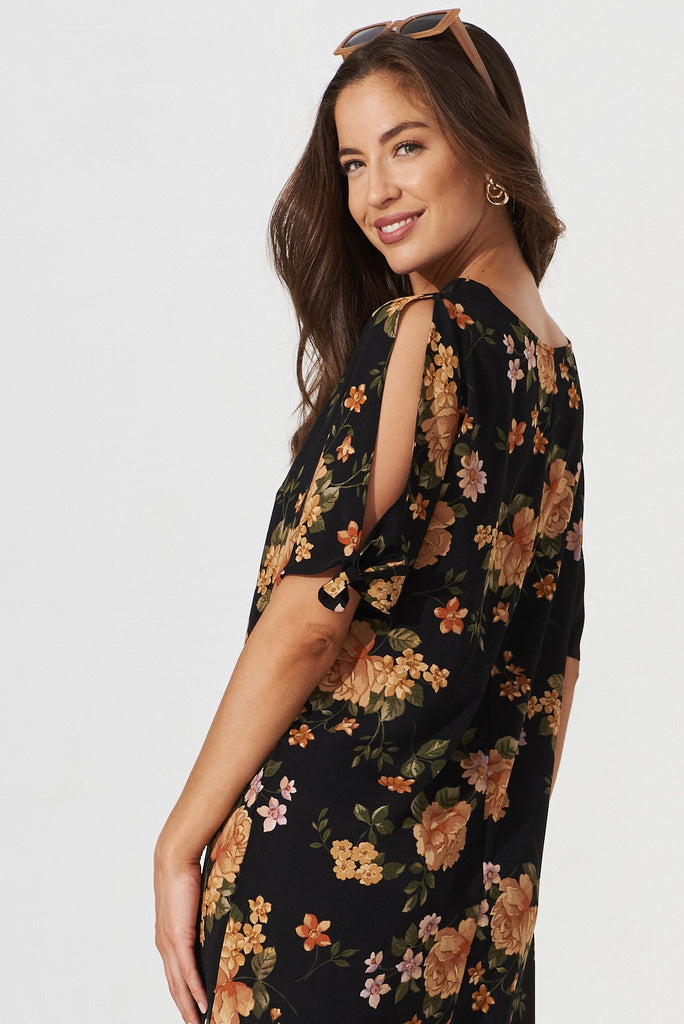 Fiona Shift Dress In Black With Apricot Floral - detail