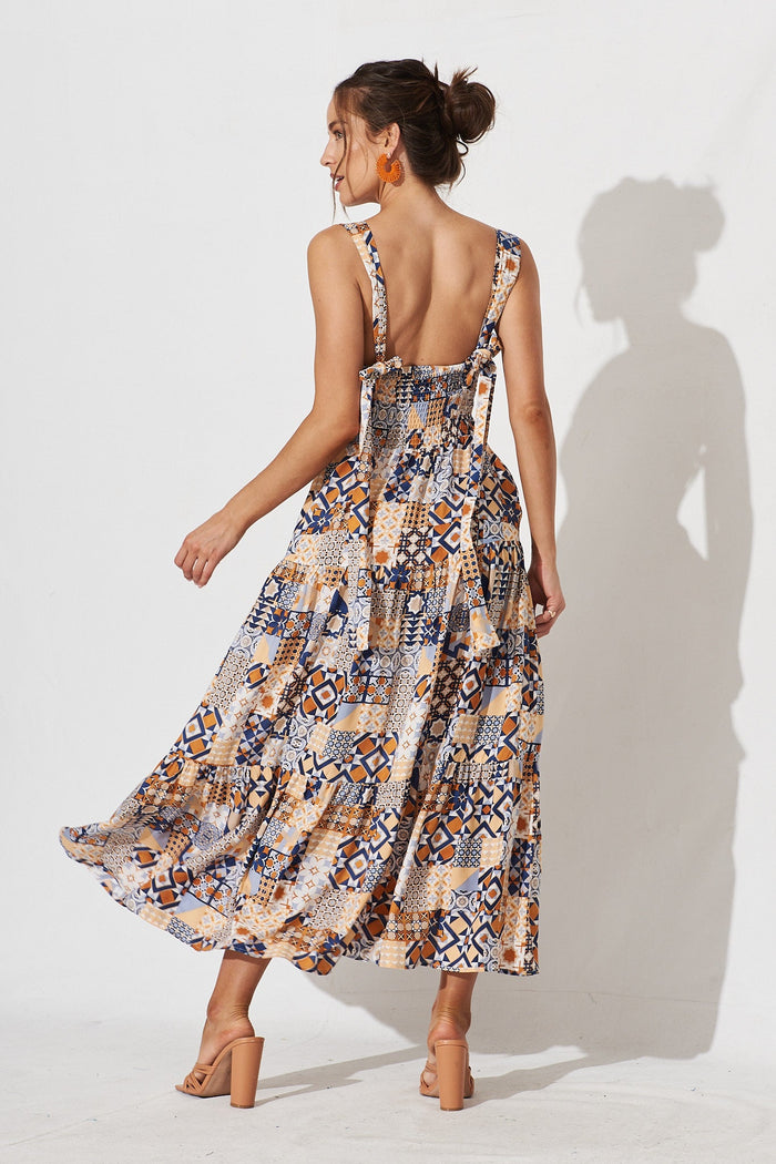 Izabel Maxi Sun Dress In Blue Tile Print - back
