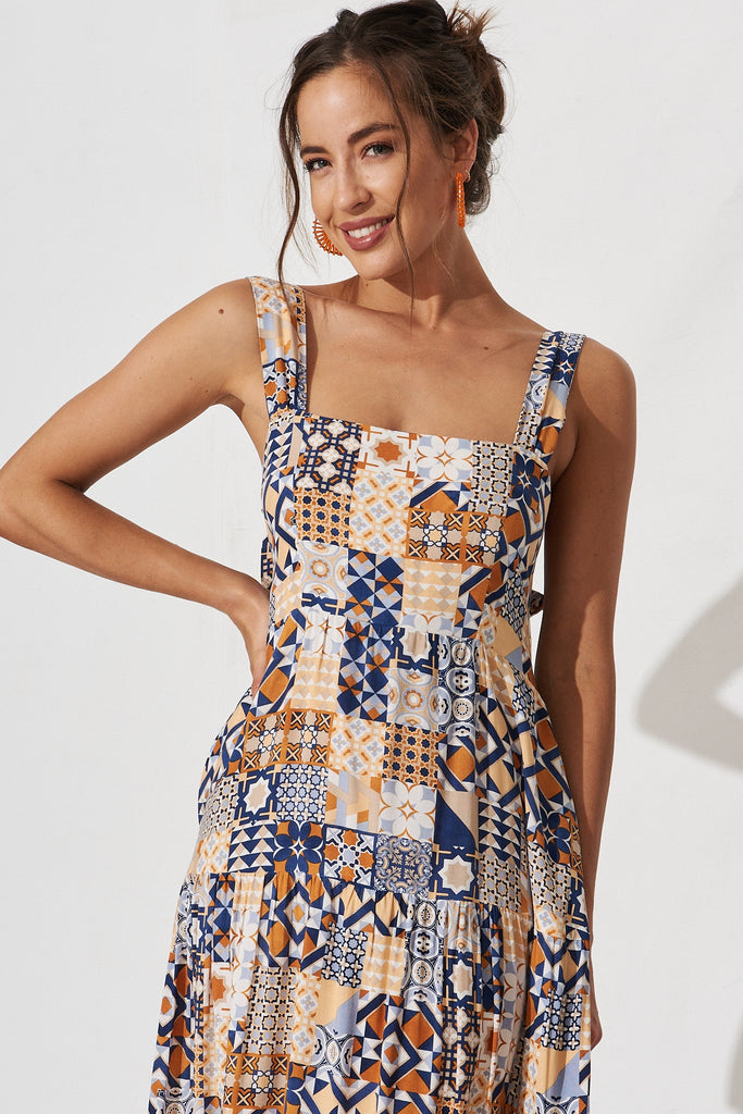 Izabel Maxi Sun Dress In Blue Tile Print - front