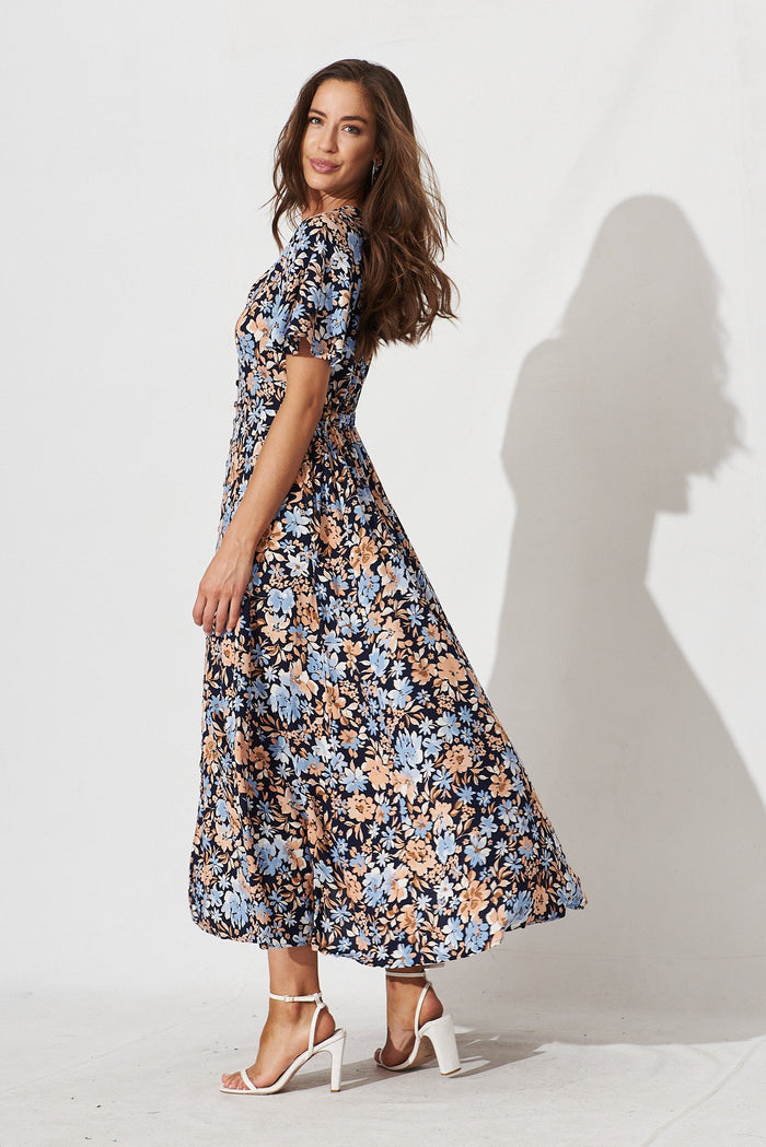 Paulette Maxi Dress In Navy With Blue Floral - side