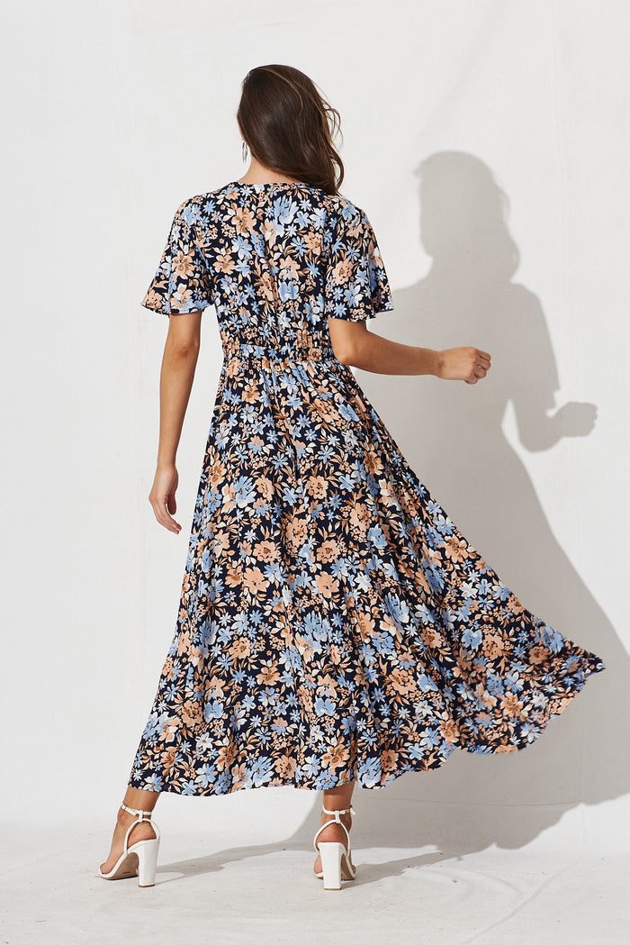 Paulette Maxi Dress In Navy With Blue Floral - back