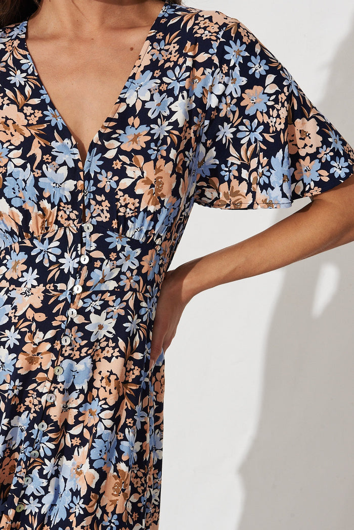Paulette Maxi Dress In Navy With Blue Floral - detail