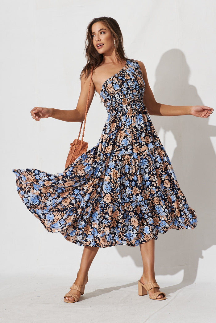 Hannary Midi Dress In Navy With Blue Floral - full length