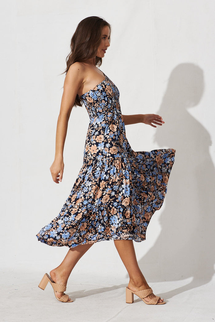 Hannary Midi Dress In Navy With Blue Floral - side