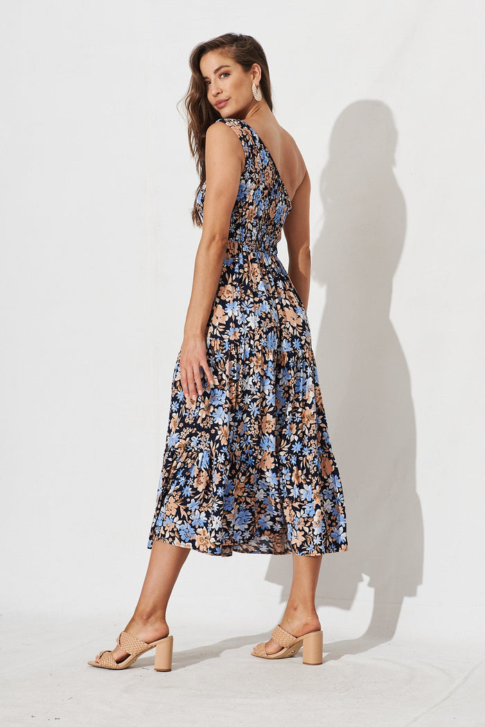 Hannary Midi Dress In Navy With Blue Floral - side
