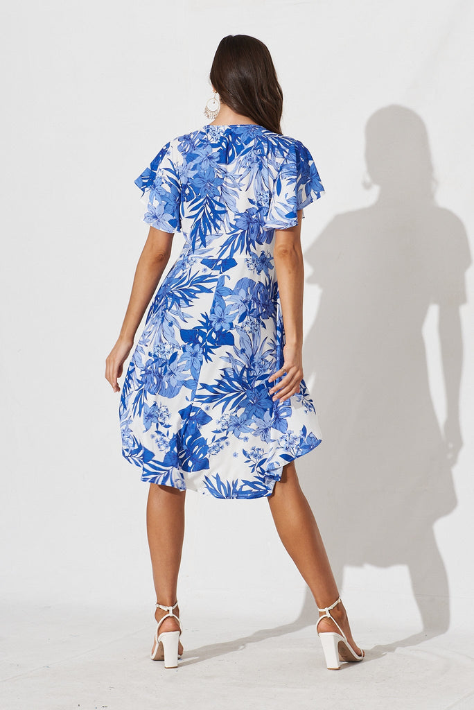 Blaine Top In White With Cobalt Leaf Print - back