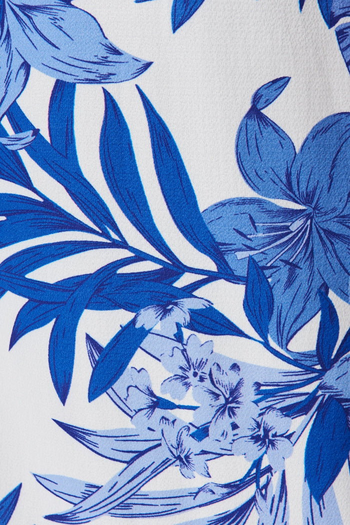 Blaine Top In White With Cobalt Leaf Print - fabric