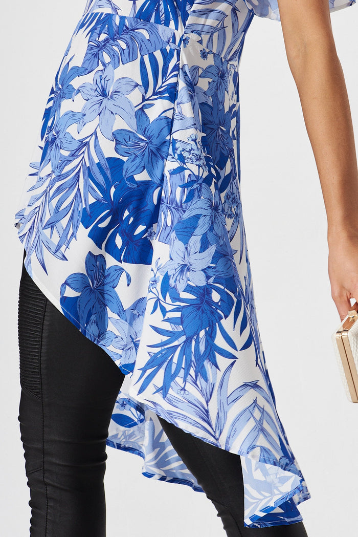 Blaine Top In White With Cobalt Leaf Print - detail