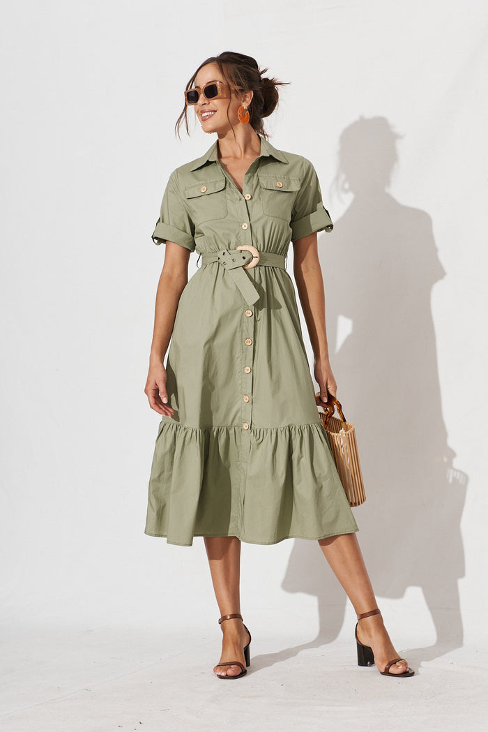 Cornella Midi Shirt Dress In Khaki Cotton - full length
