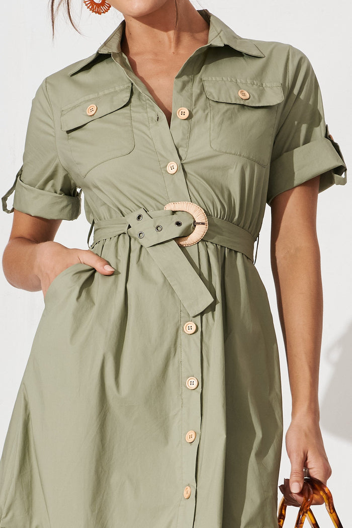 Cornella Midi Shirt Dress In Khaki Cotton - detail