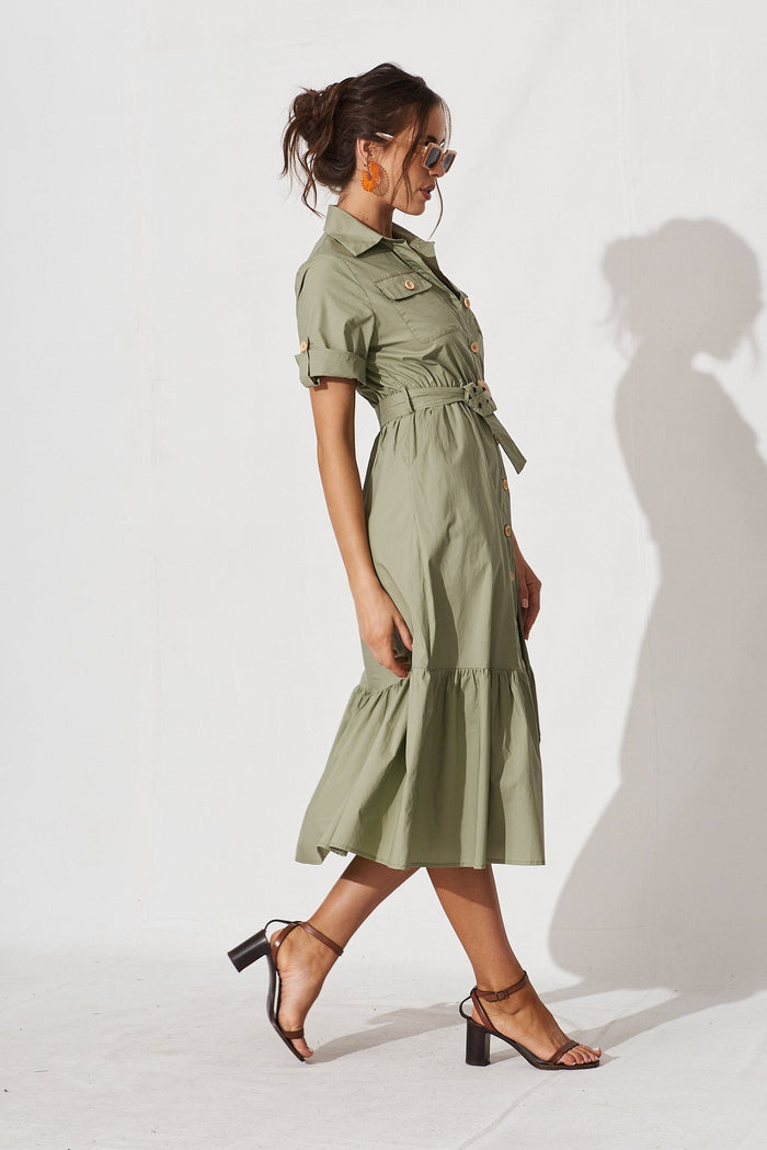Cornella Midi Shirt Dress In Khaki Cotton - side