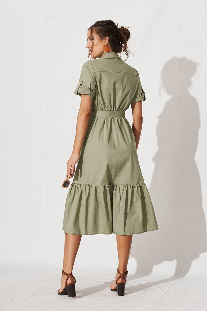 Cornella Midi Shirt Dress In Khaki Cotton- back
