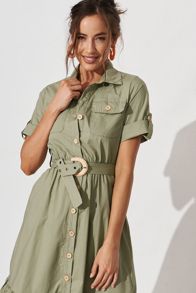 Cornella Midi Shirt Dress In Khaki Cotton - front