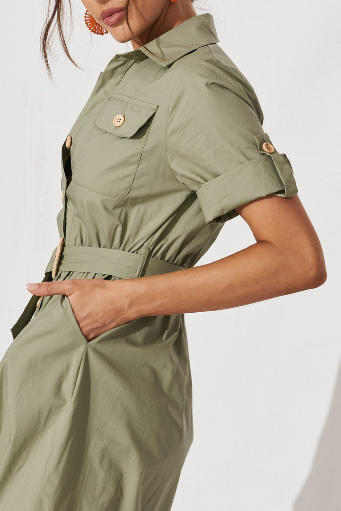 Cornella Midi Shirt Dress In Khaki Cotton - detail