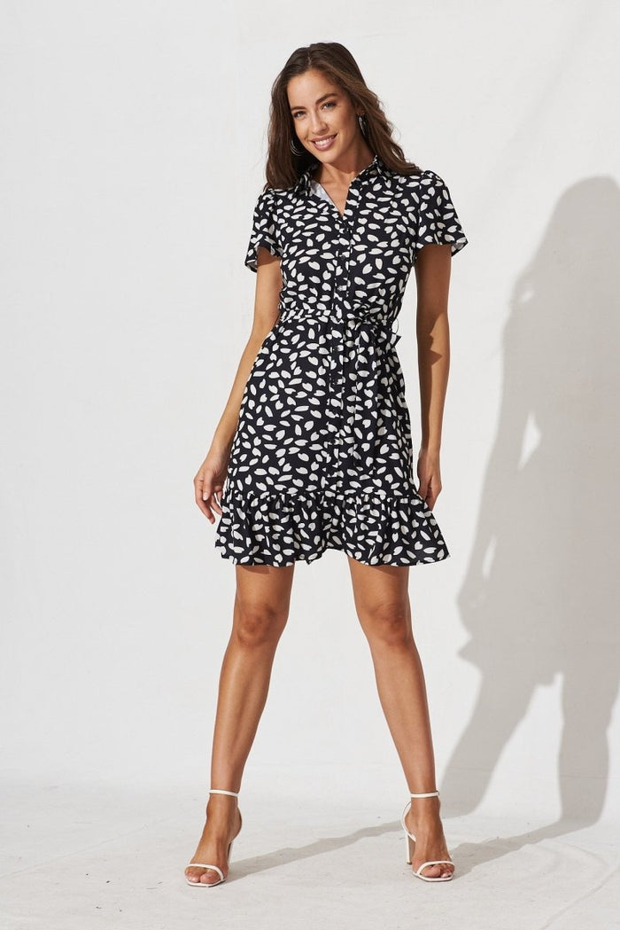 Charlotte Shirt Dress In Black With White Leaf - St Frock (Dev)