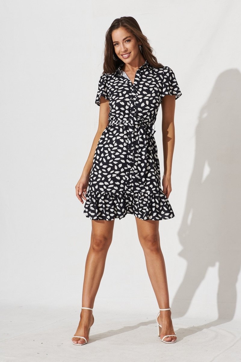 Charlotte Shirt Dress In Black With White Leaf - St Frock (Dev)