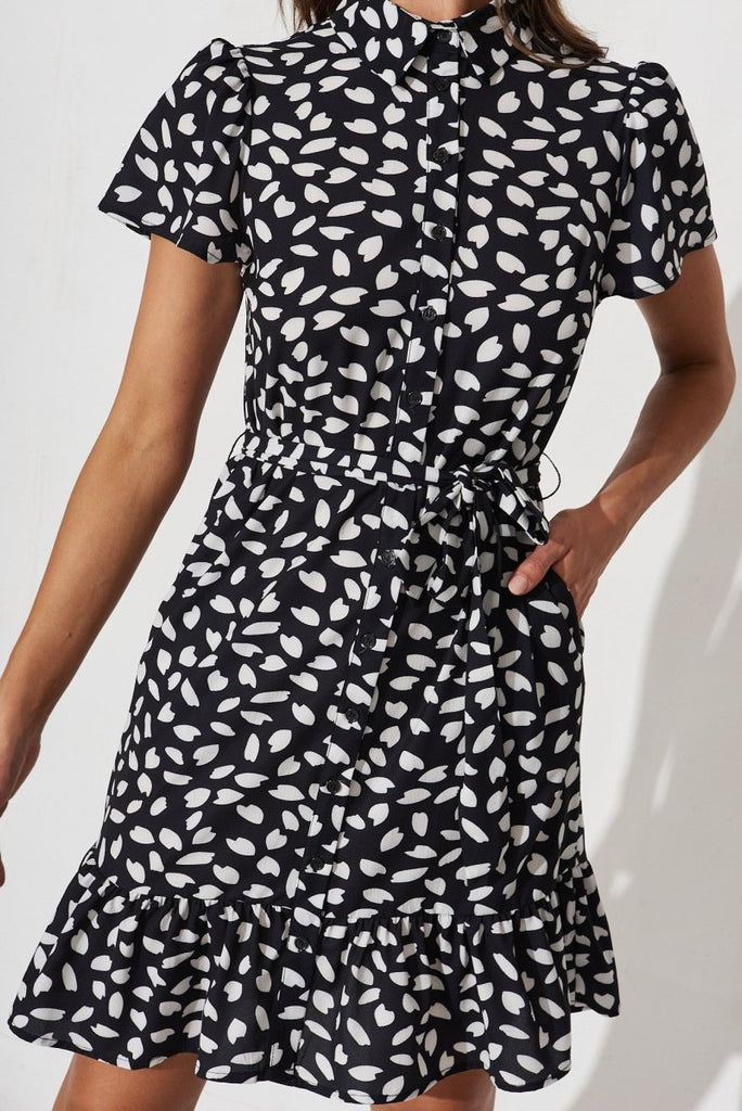 Charlotte Shirt Dress In Black With White Leaf - St Frock (Dev)