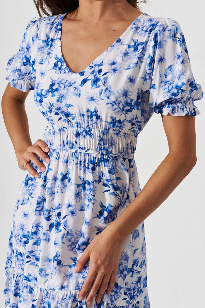 Leily Dress In White With Blue Floral - detail