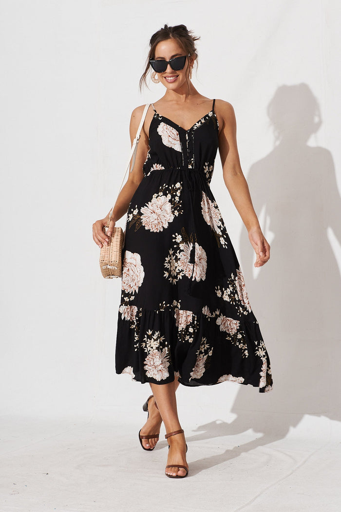 Onyx Midi Sun Dress In Black With Beige Floral - full length