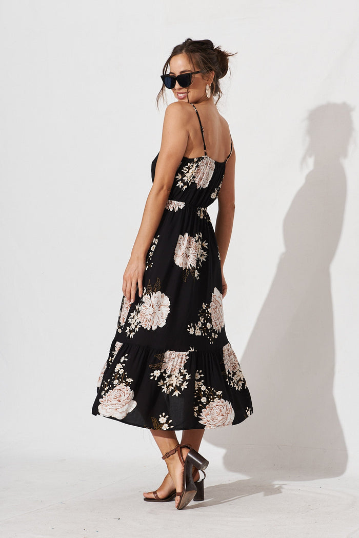 Onyx Midi Sun Dress In Black With Beige Floral - side