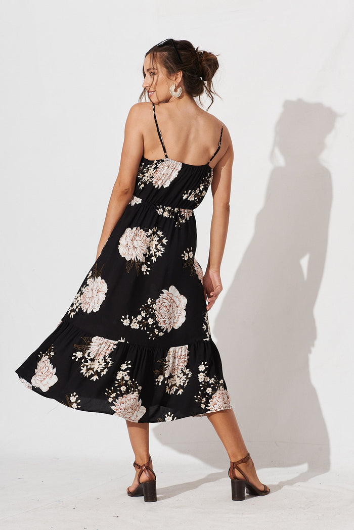 Onyx Midi Sun Dress In Black With Beige Floral - back
