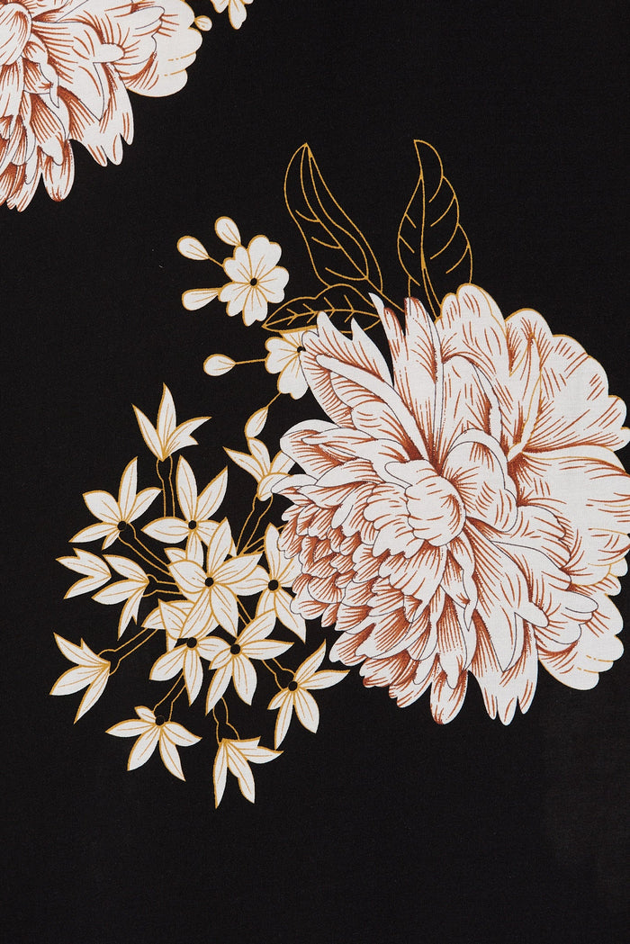 Onyx Midi Sun Dress In Black With Beige Floral - fabric