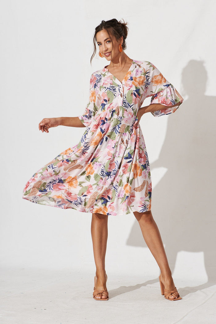 Majorca Midi Smock Dress In Pink With Multi Floral - full length