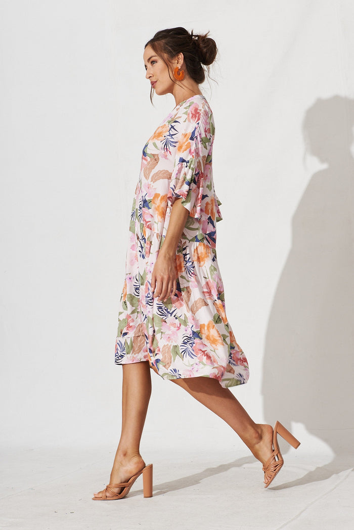 Majorca Midi Smock Dress In Pink With Multi Floral - side