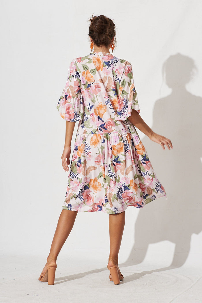 Majorca Midi Smock Dress In Pink With Multi Floral - back