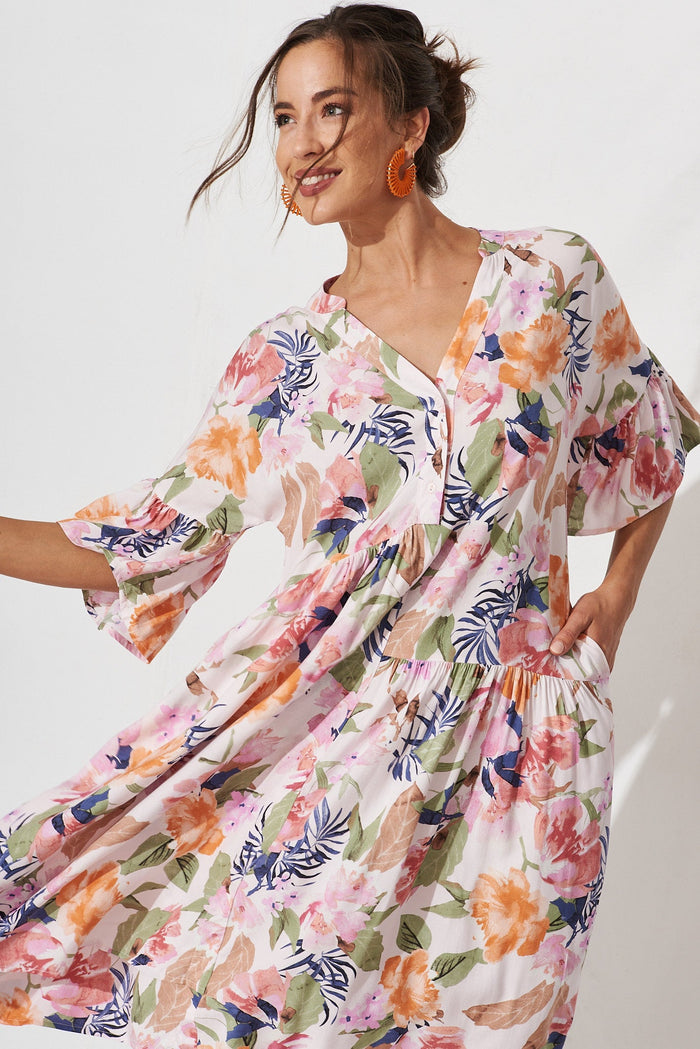 Majorca Midi Smock Dress In Pink With Multi Floral - front