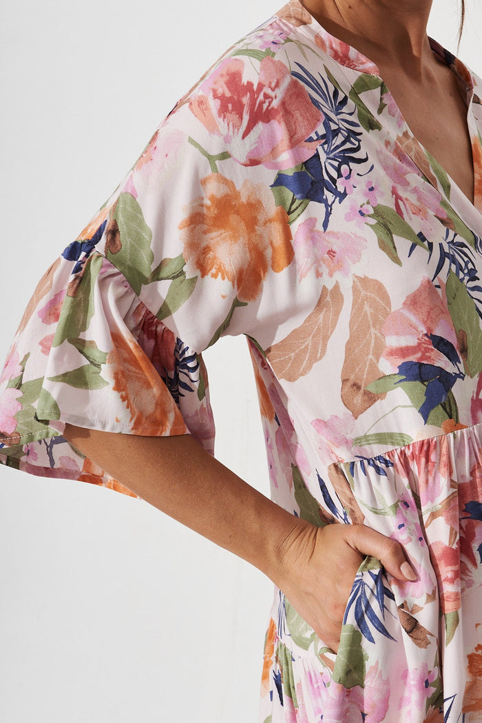 Majorca Midi Smock Dress In Pink With Multi Floral - detail