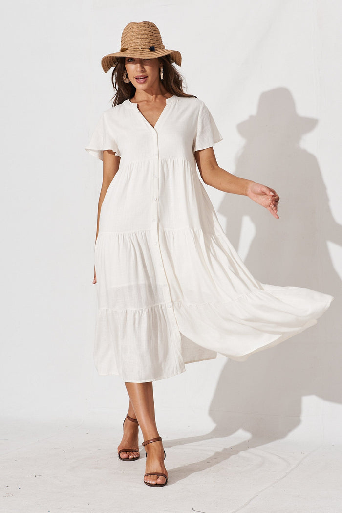 Marvela Midi Shirt Dress In White Linen Blend - full length