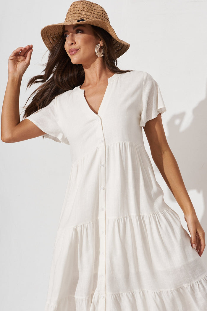 Marvela Midi Shirt Dress In White Linen Blend - front
