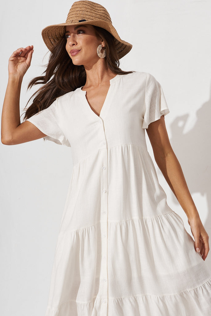 Marvela Midi Shirt Dress In White Linen Blend - front