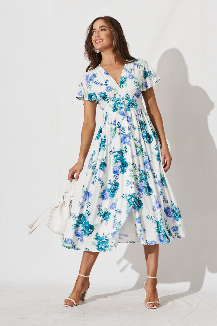 Kylana Midi Dress In White With Green Purple Floral - full length