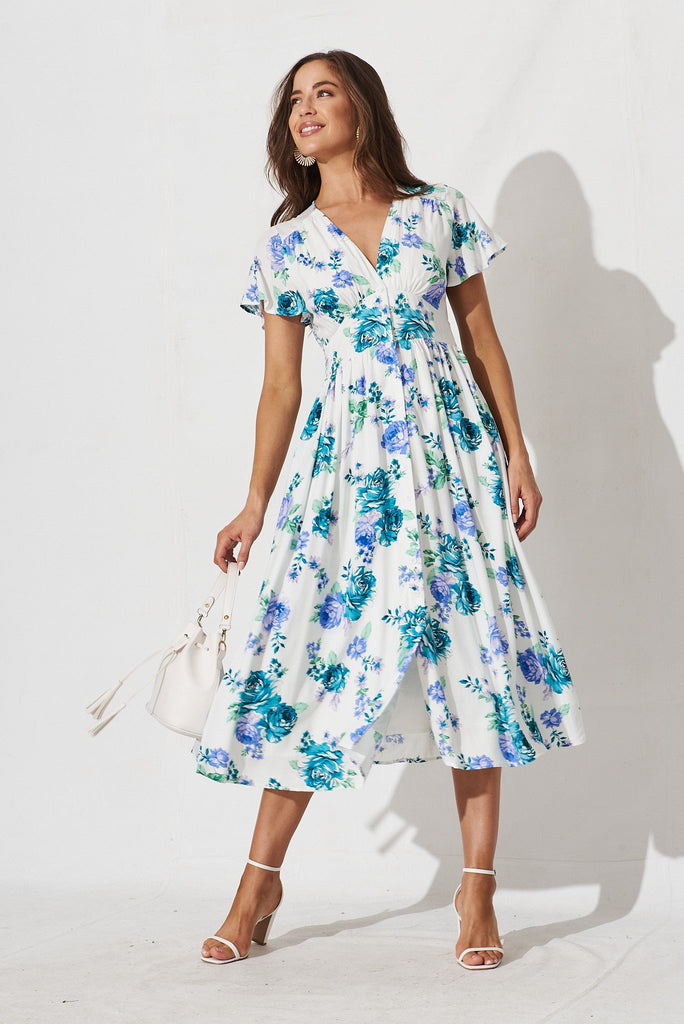 Kylana Midi Dress In White With Green Purple Floral - full length