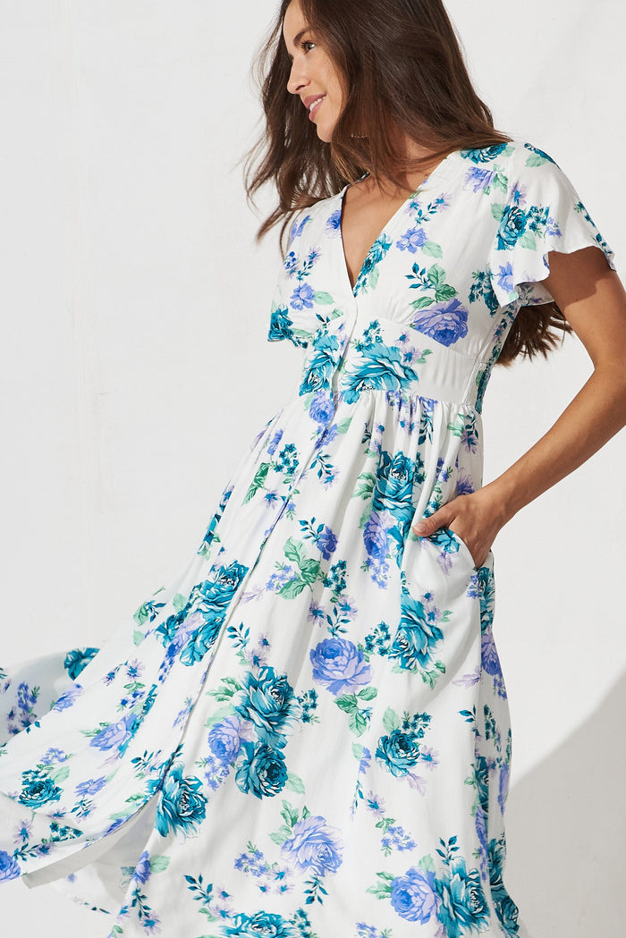 Kylana Midi Dress In White With Green Purple Floral - front