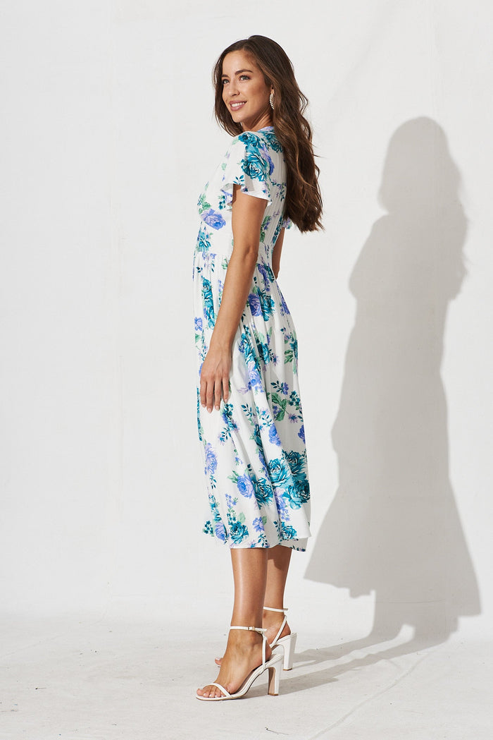 Kylana Midi Dress In White With Green Purple Floral - side