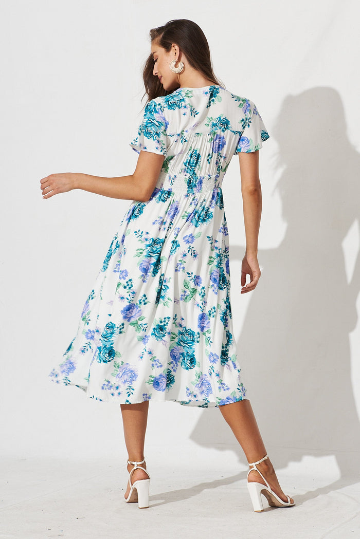 Kylana Midi Dress In White With Green Purple Floral - back