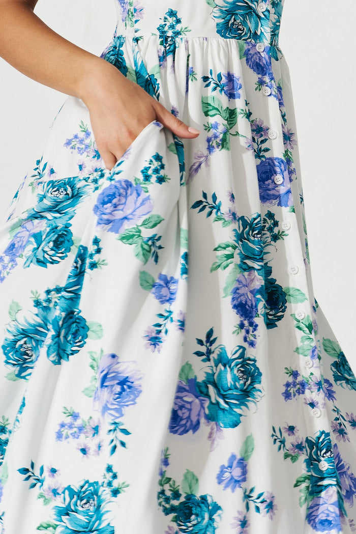 Kylana Midi Dress In White With Green Purple Floral - detail