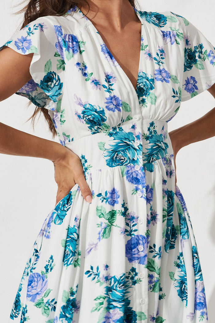 Kylana Midi Dress In White With Green Purple Floral - detail