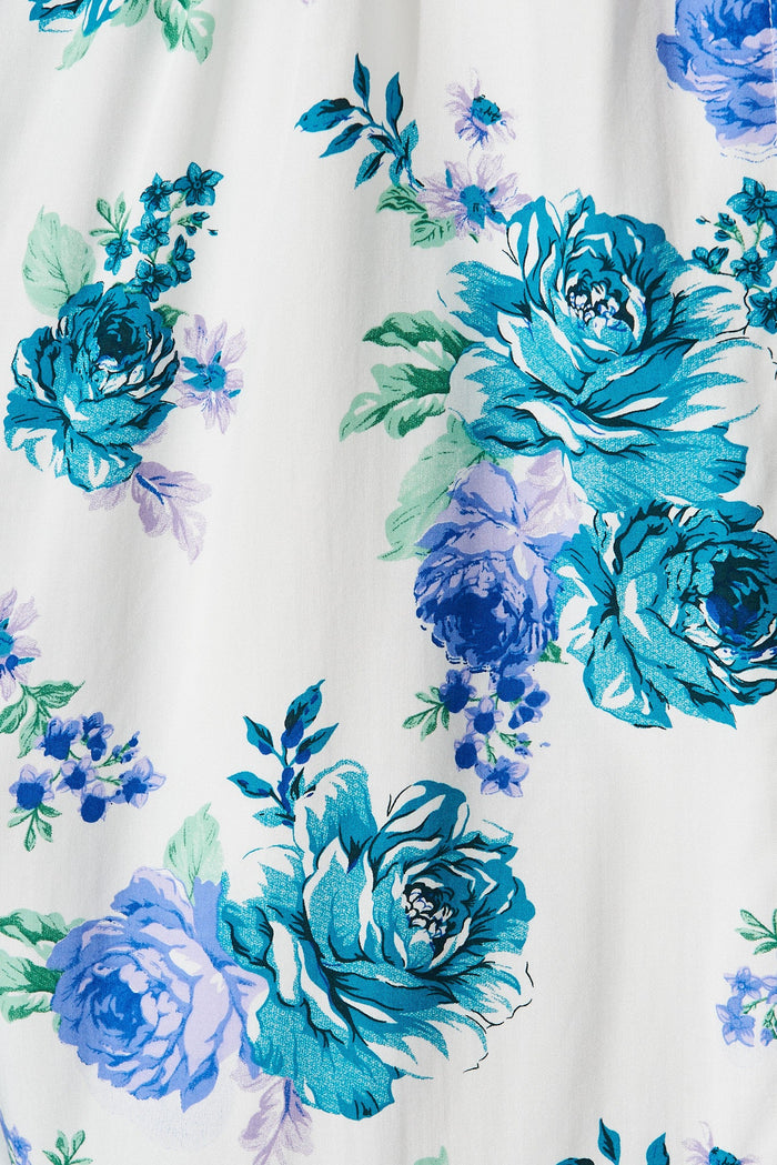 Kylana Midi Dress In White With Green Purple Floral - fabric