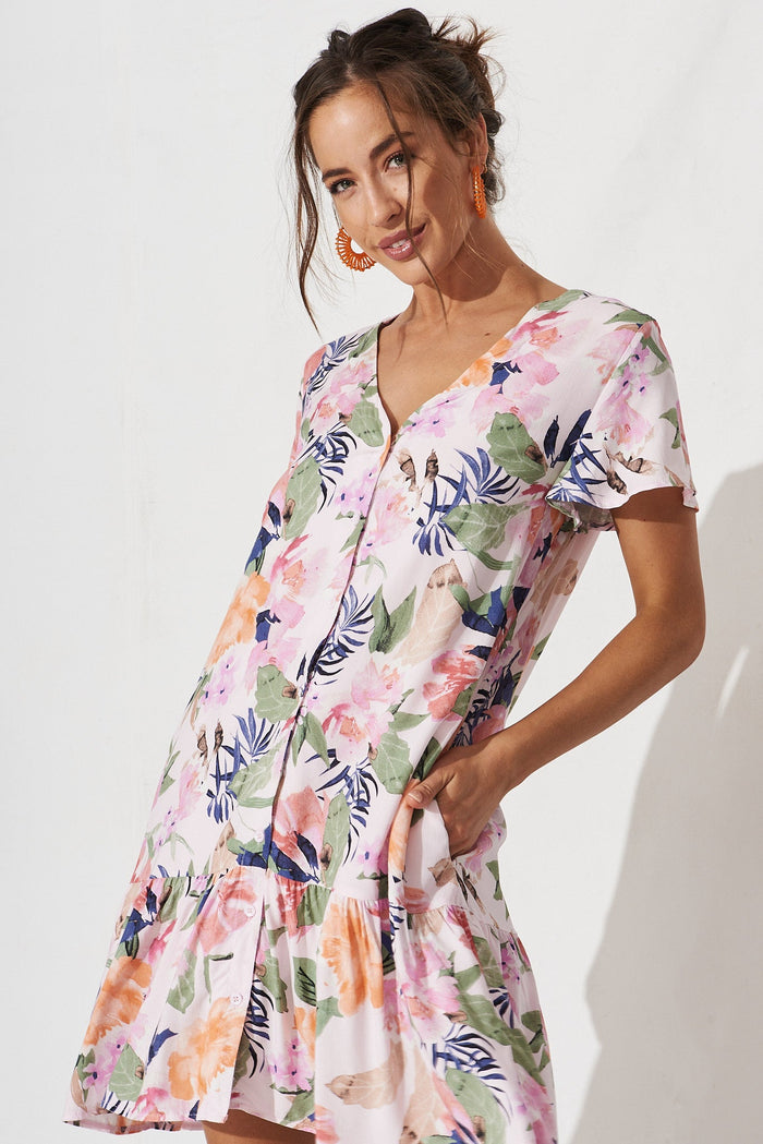 Mariachi Dress In Pink With Multi Floral - front