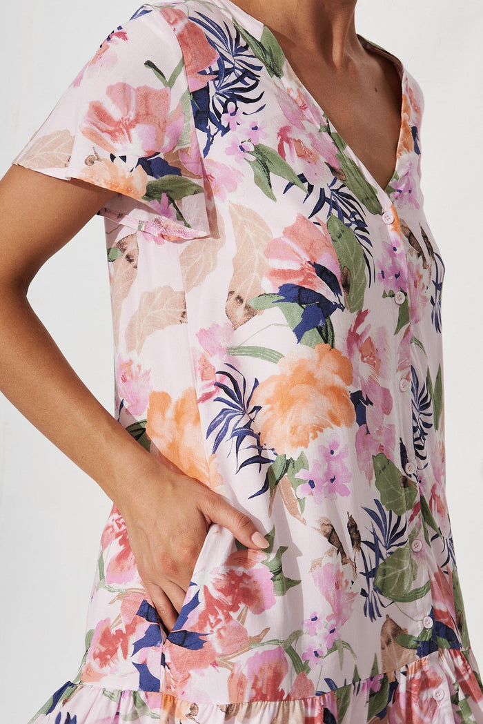 Mariachi Dress In Pink With Multi Floral - detail