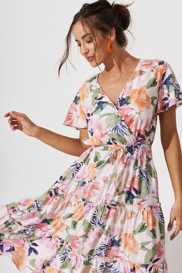 Fresna Midi Dress In Pink With Multi Floral - front