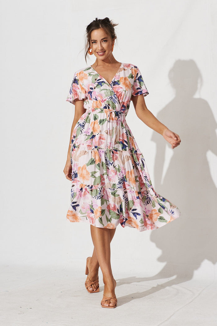 Fresna Midi Dress In Pink With Multi Floral - full length