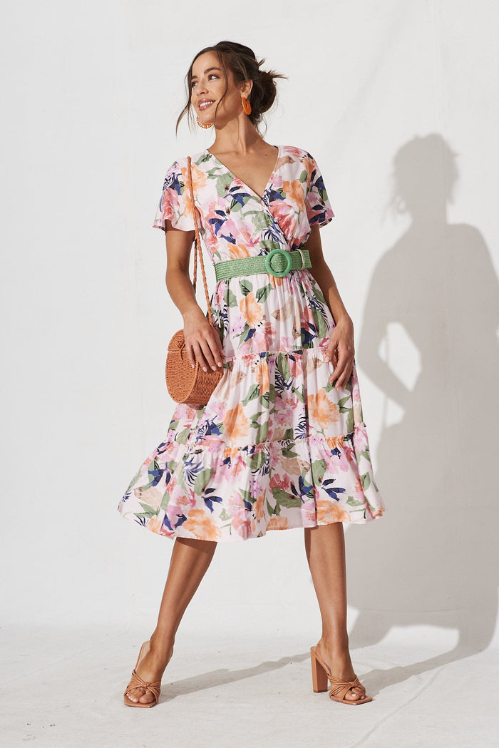 Fresna Midi Dress In Pink With Multi Floral - full length