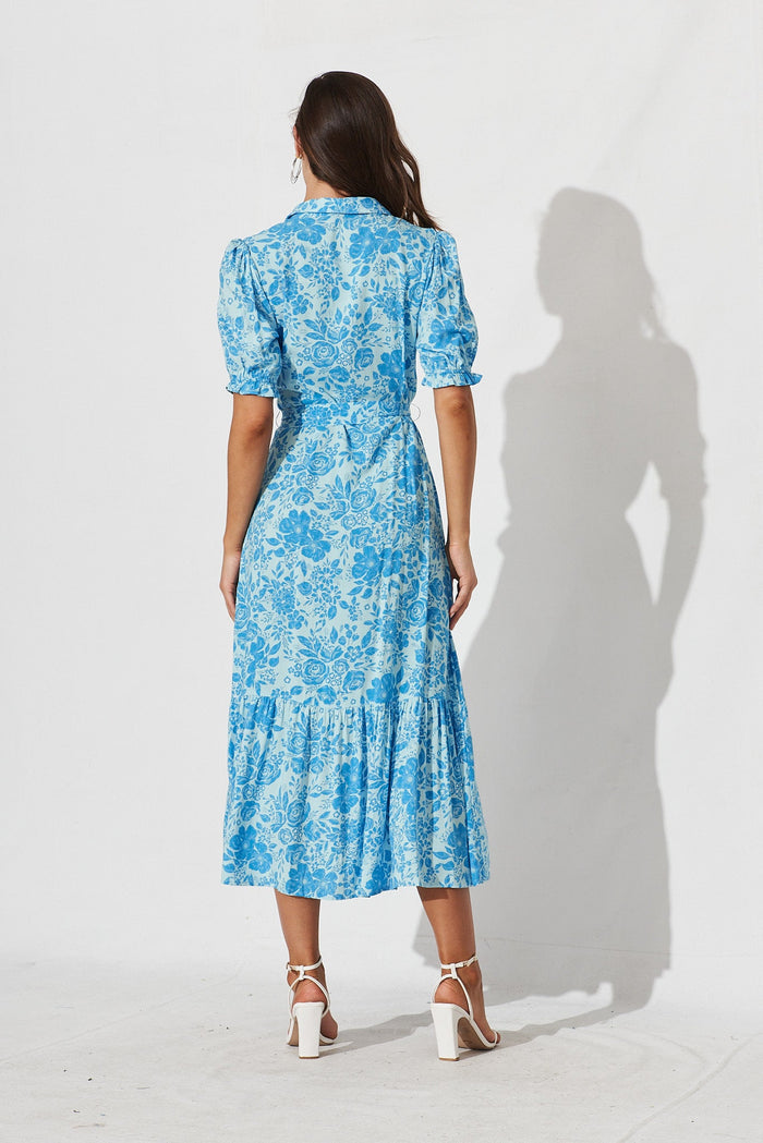 Geralda Midi Shirt Dress In Blue Floral - back